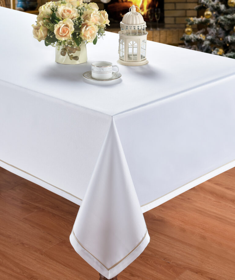 מפת שולחן דגם מונאקו - 150/300 לבן עם פס זהב